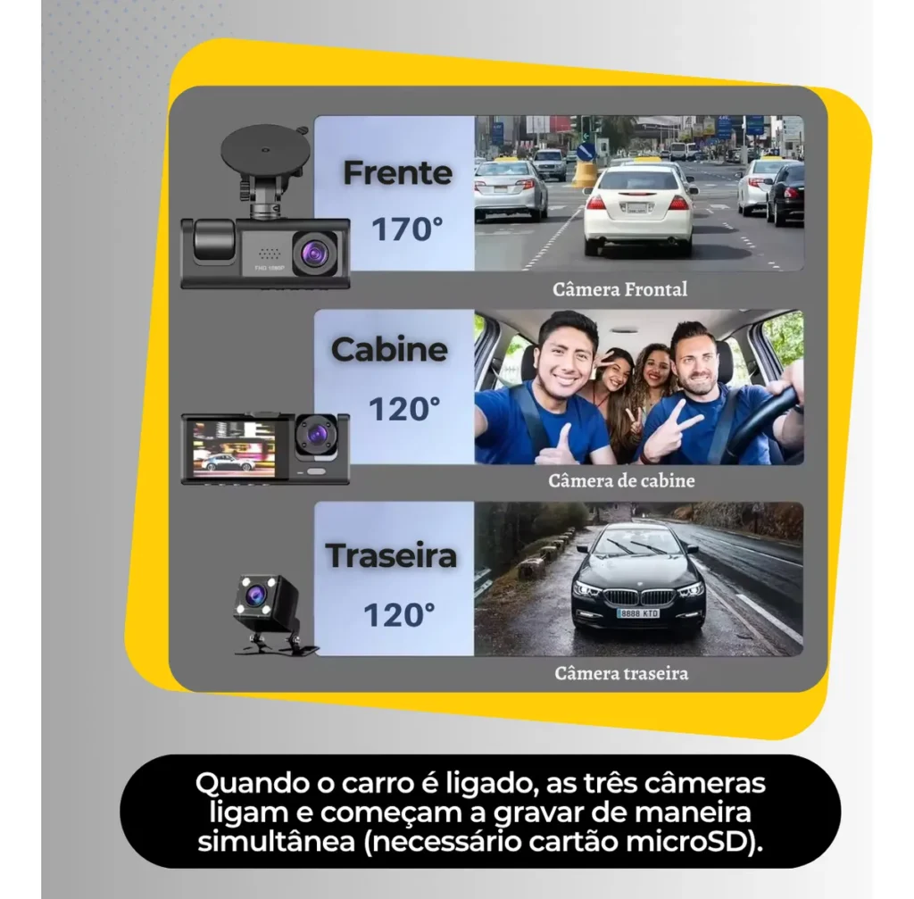 3 Câmera Automotiva Veicular Carro HD Noturna 1080p