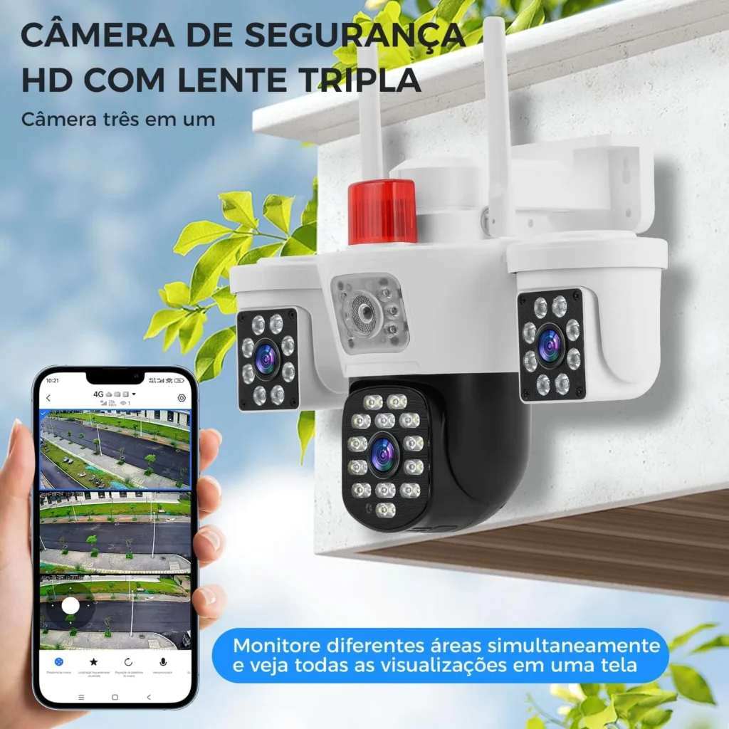 Câmera Tripla Inteligente 360° Segurança Wifi 4K Ultra 12MP