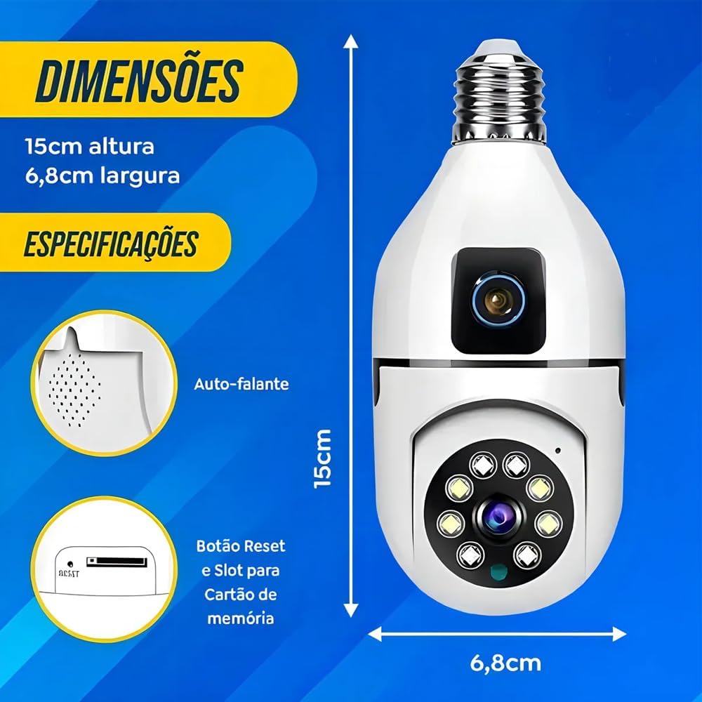 Câmera de Segurança Lâmpada Wi-Fi 360° Lente Dupla 1080p com Detector de Movimento