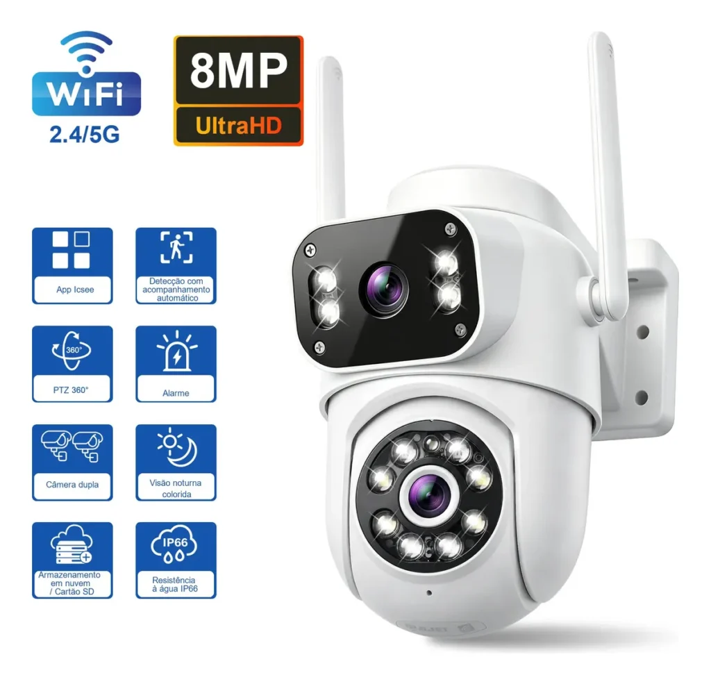 Câmera de Segurança CVLINK PTZ 8MP WiFi 2.4G/5G Dupla Lente com Zoom 10x