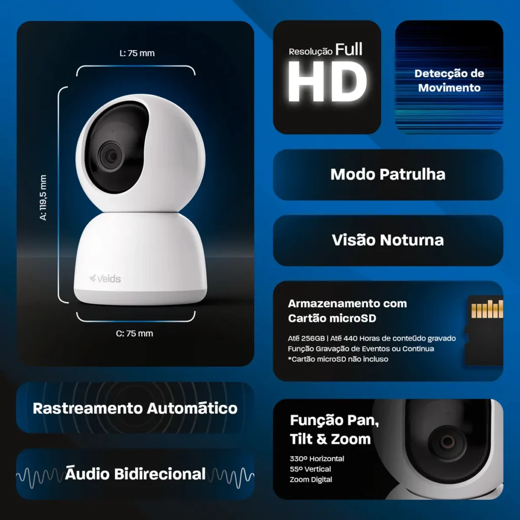 Câmera de Segurança Inteligente Full Hd Wi-Fi c/ Visão Noturna e Rastreamento De Movimento, Velds