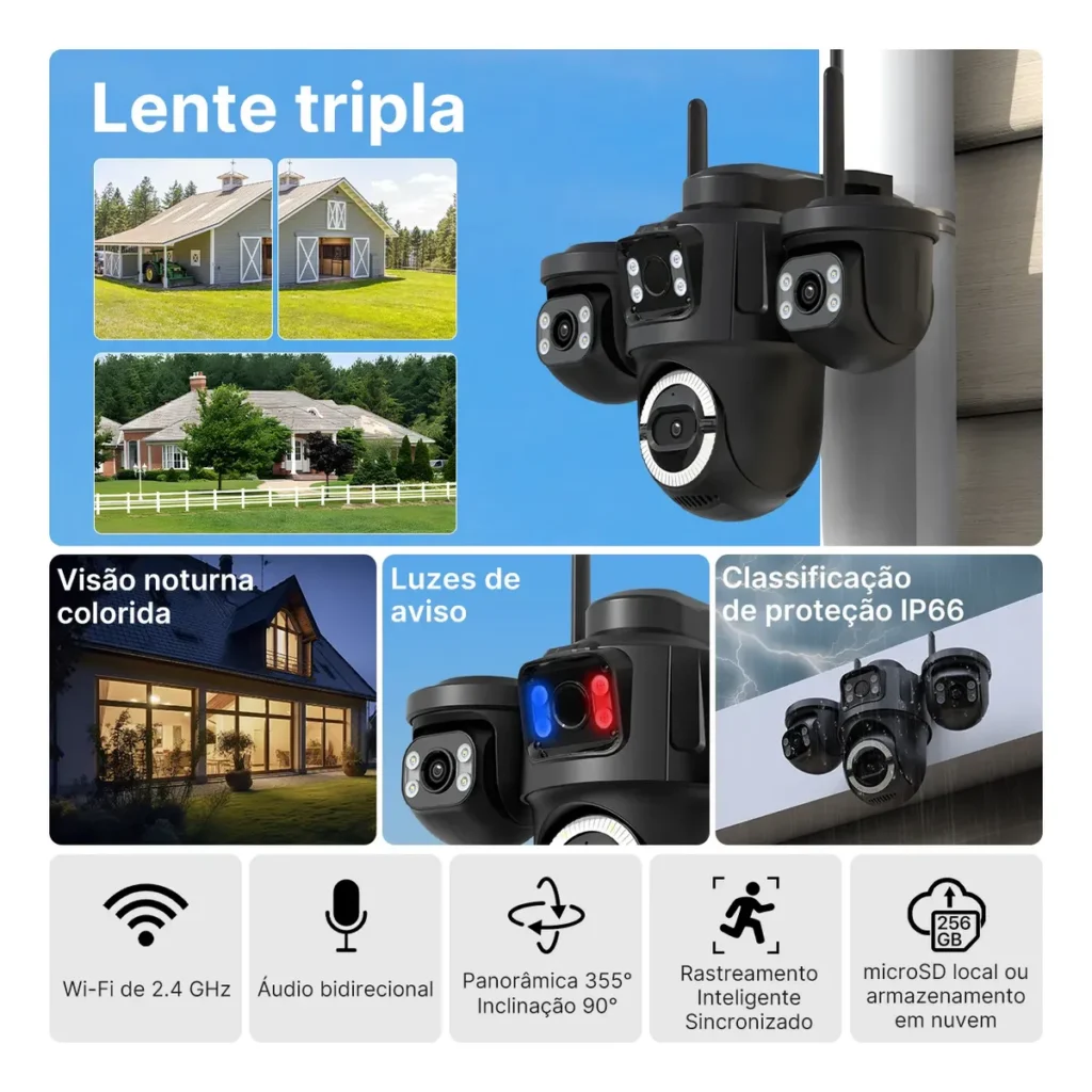 Câmera de Segurança Wi-Fi Externa Três Lentes DUNCIM P16-WIFI