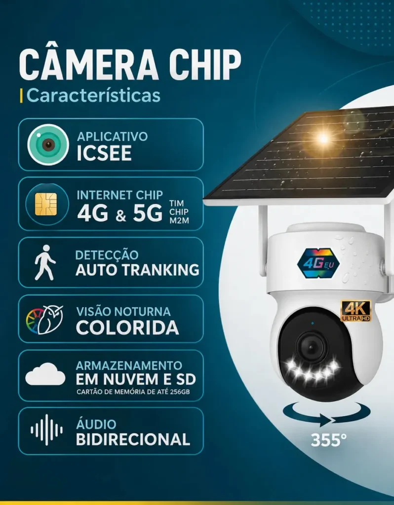Câmera de Segurança iCSee Q6 4K Ultra-HD 4G Solar para Fazenda e Sítio