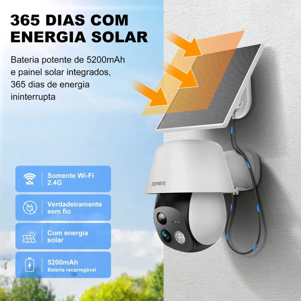 Câmera de Segurança Solar WiFi 2K Externa 360° Pan/Tilt com IA