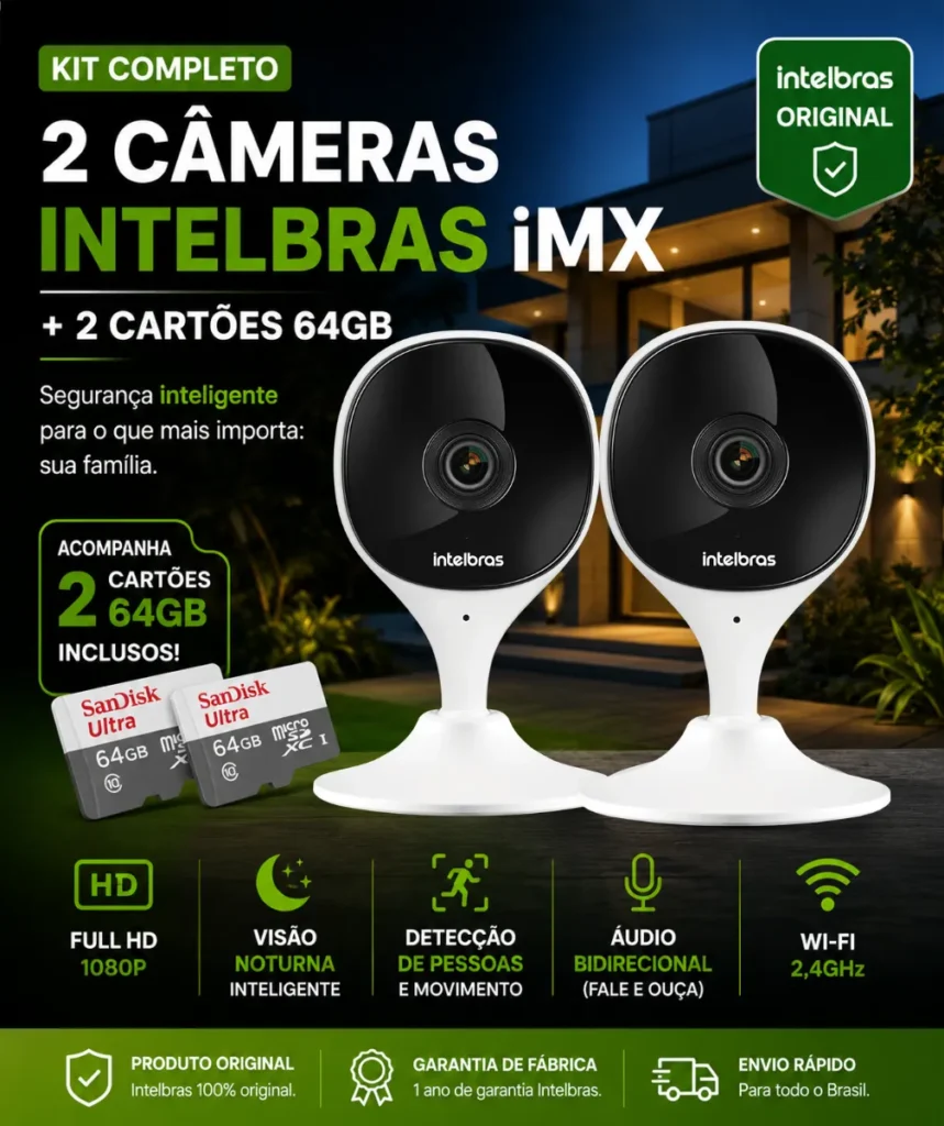 Kit 2 Câmera de Segurança Wi-Fi iMX Intelbras + Cartão 64GB