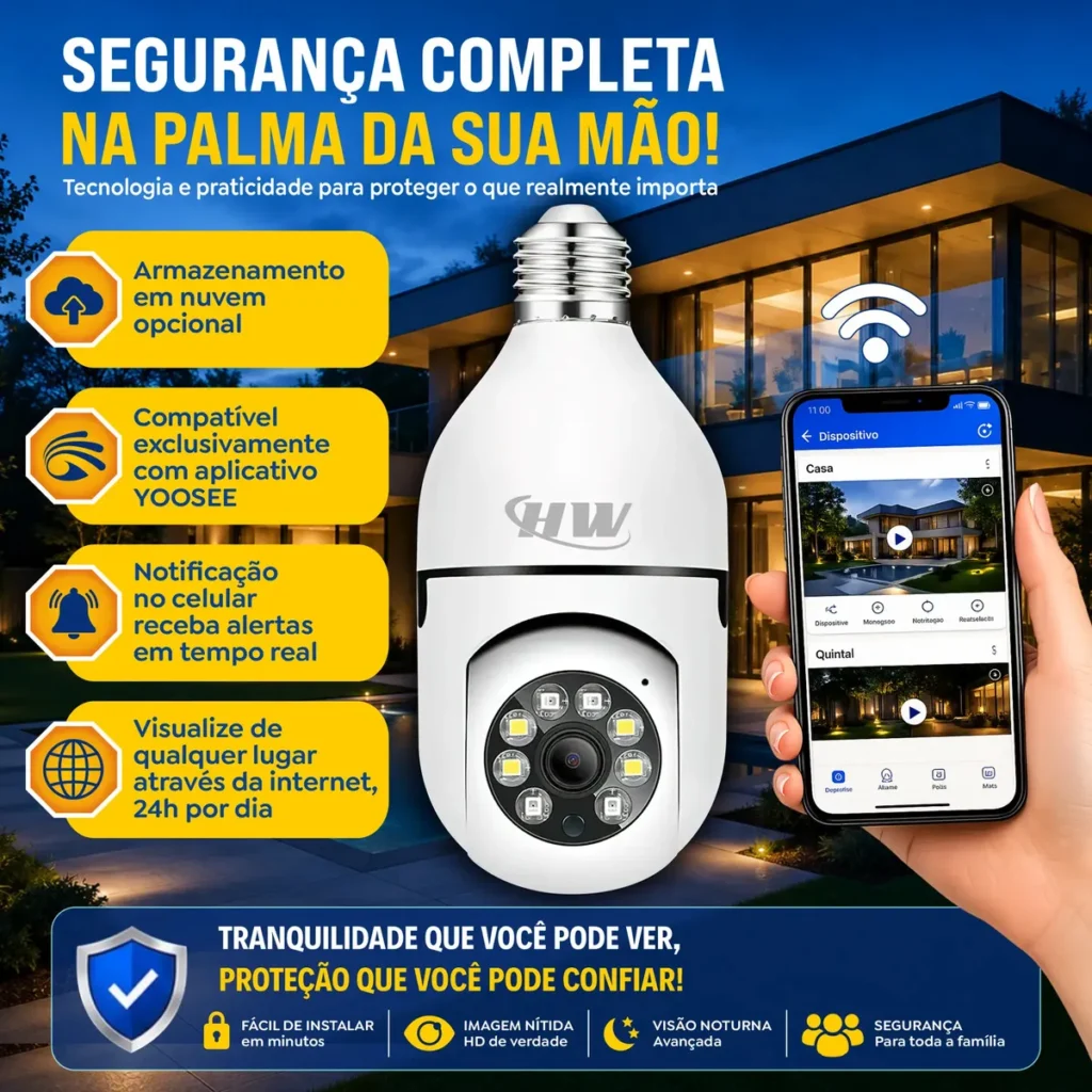 Kit com 4 Câmeras de Segurança HW Lâmpada Wi-Fi Full HD PTZ 360°
