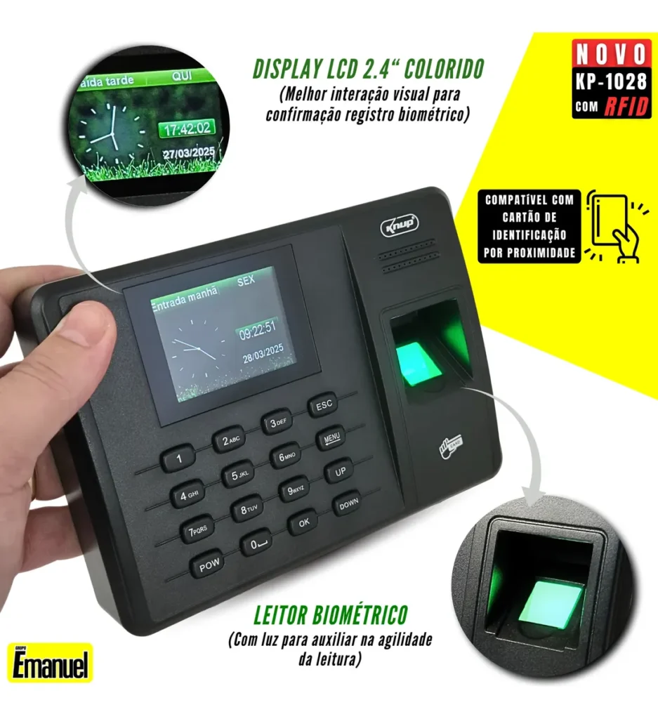 Relógio de Ponto Biométrico Digital Impressão Eletrônico KNUP KP-1028