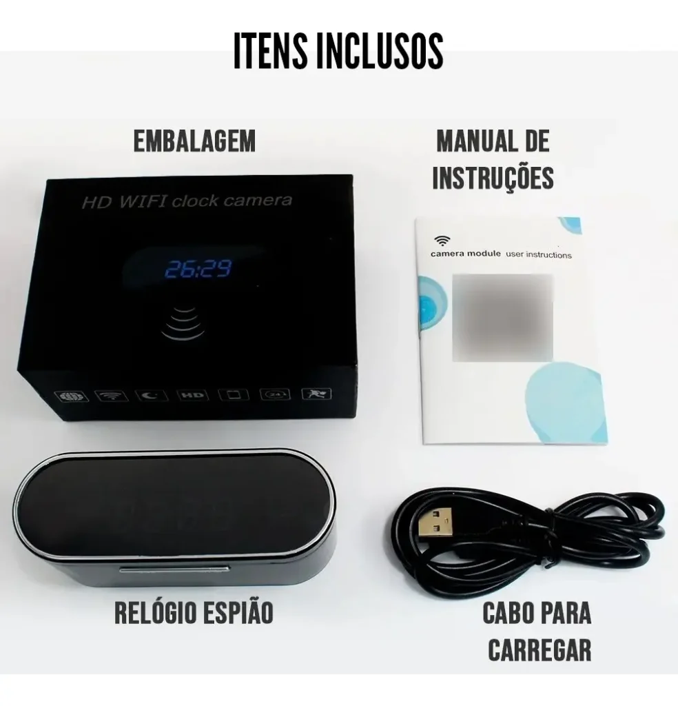 Relógio de Mesa Espião com Câmera Wi-Fi e Visão Noturna